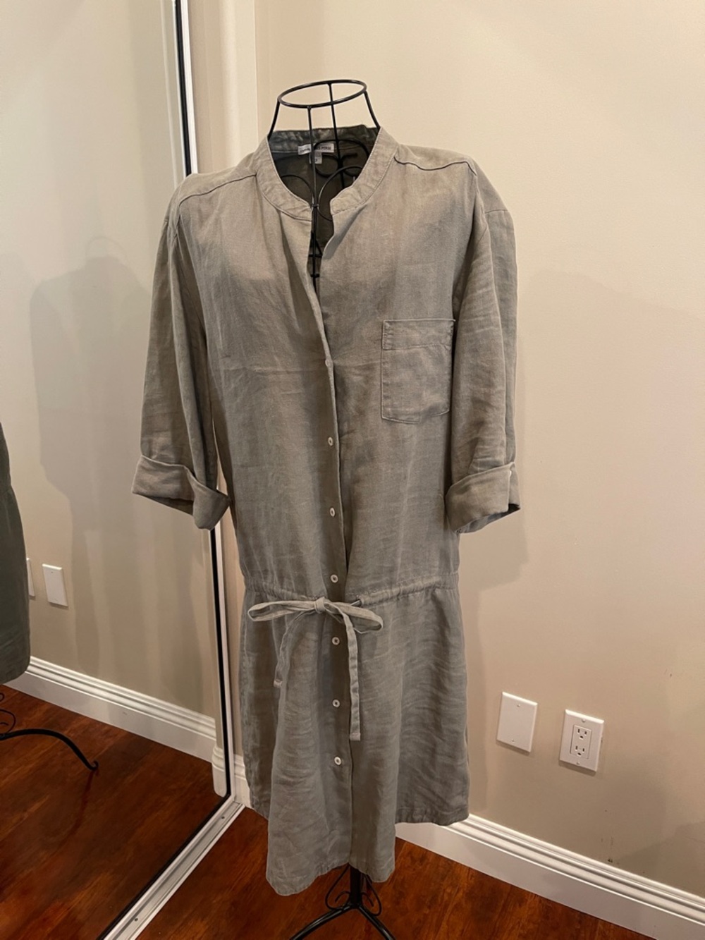 James Perse Gray Button-Front Tie-Waist Midi Shirt Dress